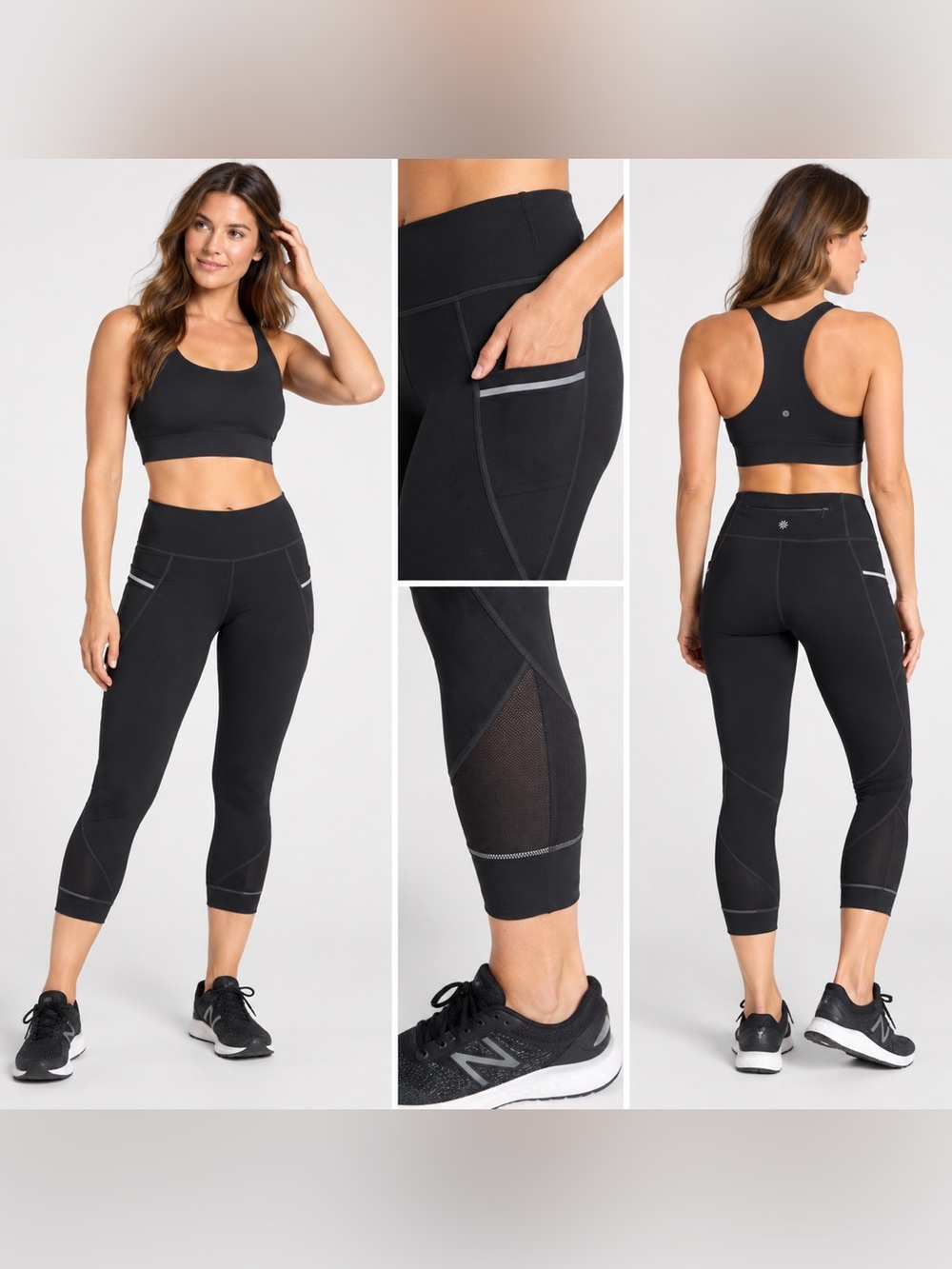 Athleta Black Crop Leggings Small Reflective Mesh Pocket Running Workout Capri